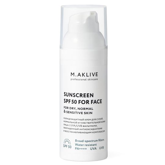 M.Aklive Sunscreen SPF 50 for Face for Dry/ Солнцезащитный Крем для сухой кожи лица, SPF 50, 150 мл