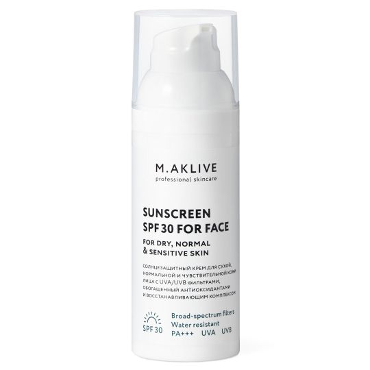 M.Aklive Sunscreen SPF 30 for dry, normal,sensitive skin/ Крем SPF 30 для сухой, нормальной и чувствительной кожи, 50 мл